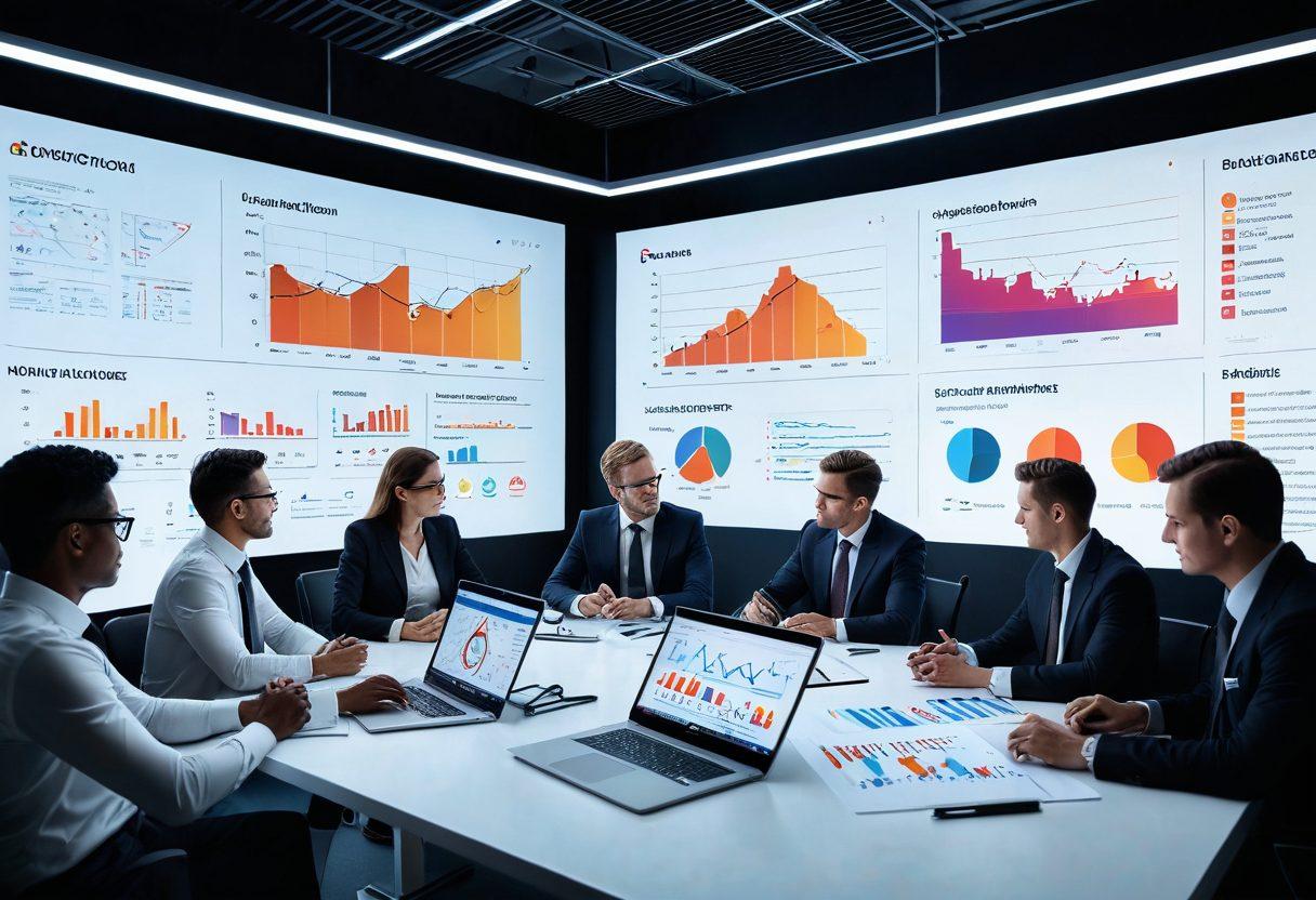 A dynamic business scene highlighting a diverse team engaged in strategic discussions over a large digital display showcasing bid management metrics and analytics. Include a blend of charts and graphs that reflect data trends, with an atmosphere of collaboration and innovation. Bright lighting that symbolizes progress, alongside open laptops and notepads strewn about. super-realistic. vibrant colors. 3D.