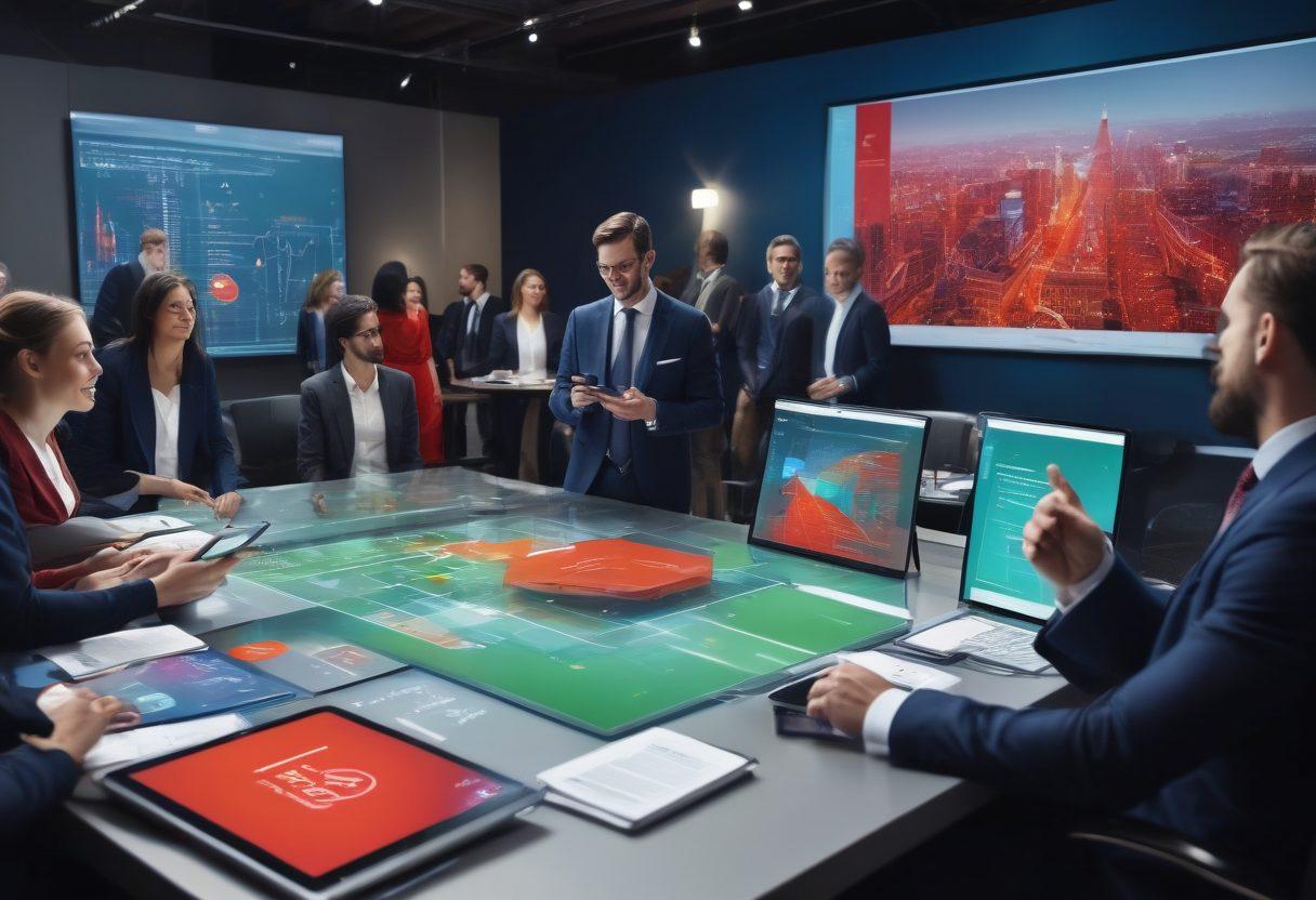 A vibrant scene of diverse auction participants engaged in a modern auction setting, showcasing various devices displaying intelligent bidding strategies, with data analytics graphics in the background. Illustrate excitement and competition with dynamic expressions on faces, and floating icons representing strategy and technology. Use bold colors to represent success and modernity. super-realistic. vibrant colors.