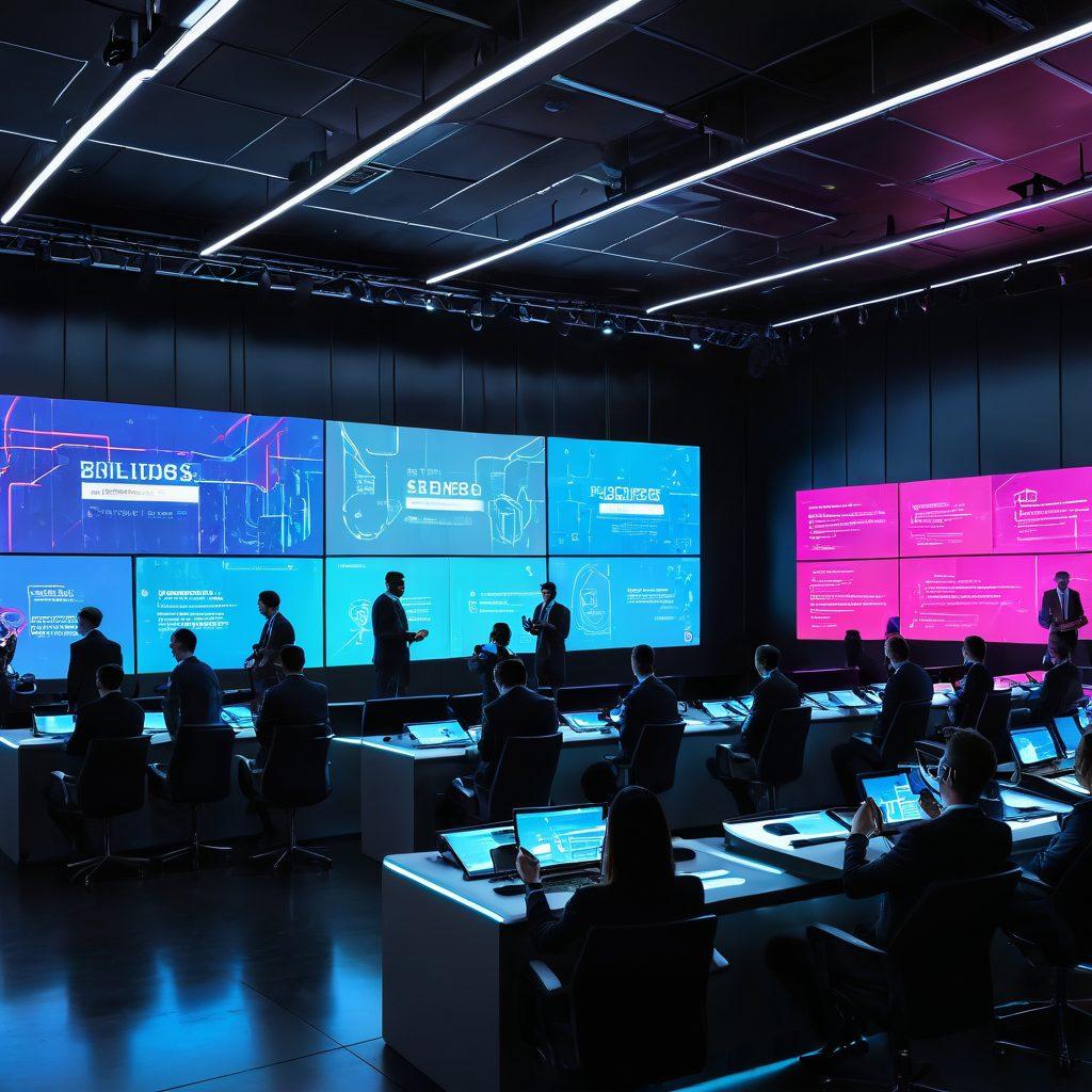 A futuristic auction scene showcasing automated bidding technology, with glowing screens displaying bid amounts and smart strategies in action. Include diverse bidders using tablets and virtual reality headsets, set in a sleek, modern auction hall with holographic displays. The atmosphere should be dynamic and high-tech, symbolizing innovation and success. vibrant colors. cyberpunk.